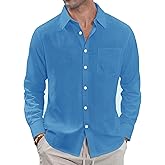 J.VER Men's Linen Shirts Casual Button Down Long Sleeve Shirt Solid Spread Collar Summer Beach Shirts with Pocket