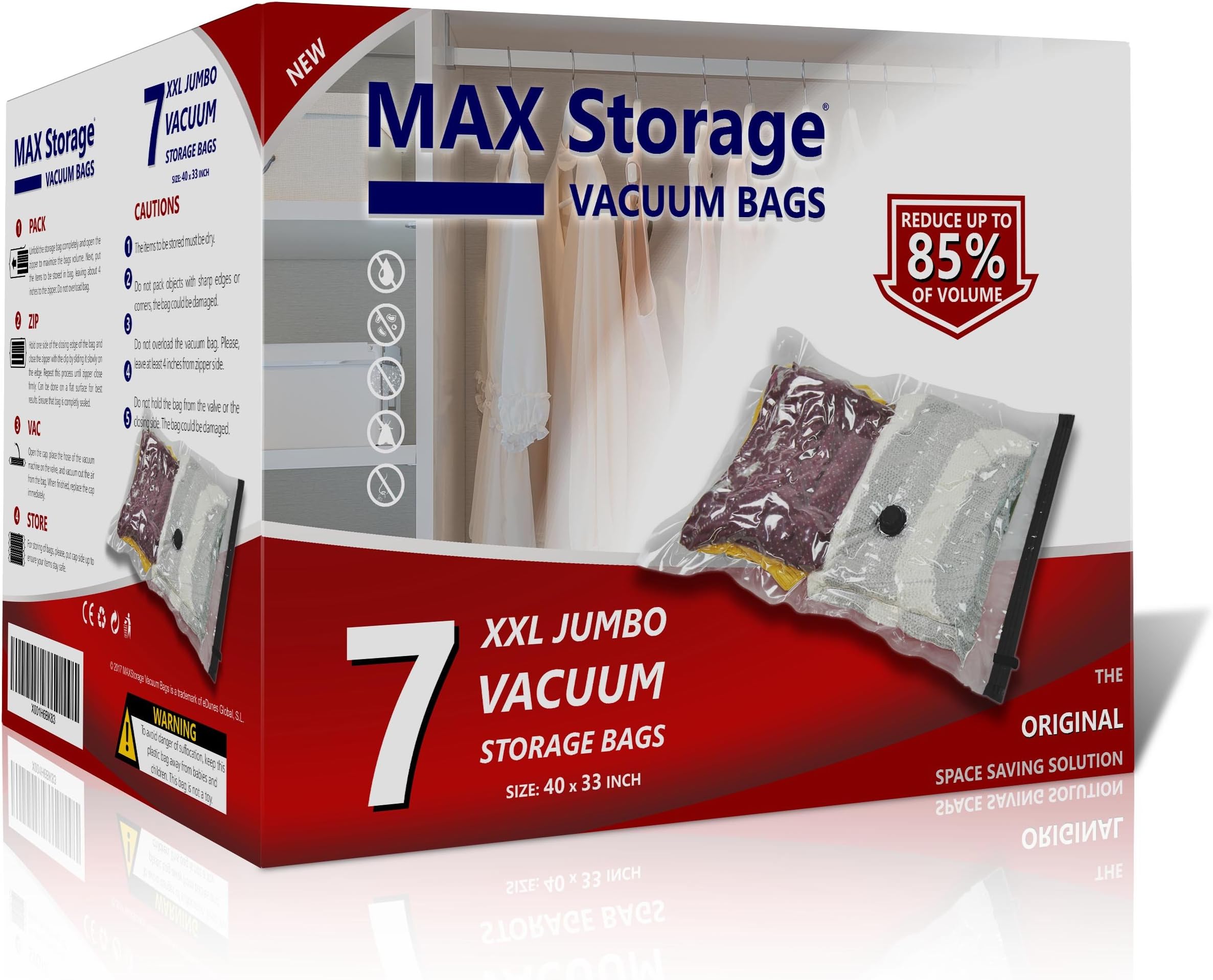7 XXL Jumbo Size, 40 x 33 Inch. MAXStorage Premium Vacuum Storage Compression Bags. Extra Large Volume Capacity Space Saver Solution For Big Clothes, Blankets, Pillows, Comforters, Curtains, Coats