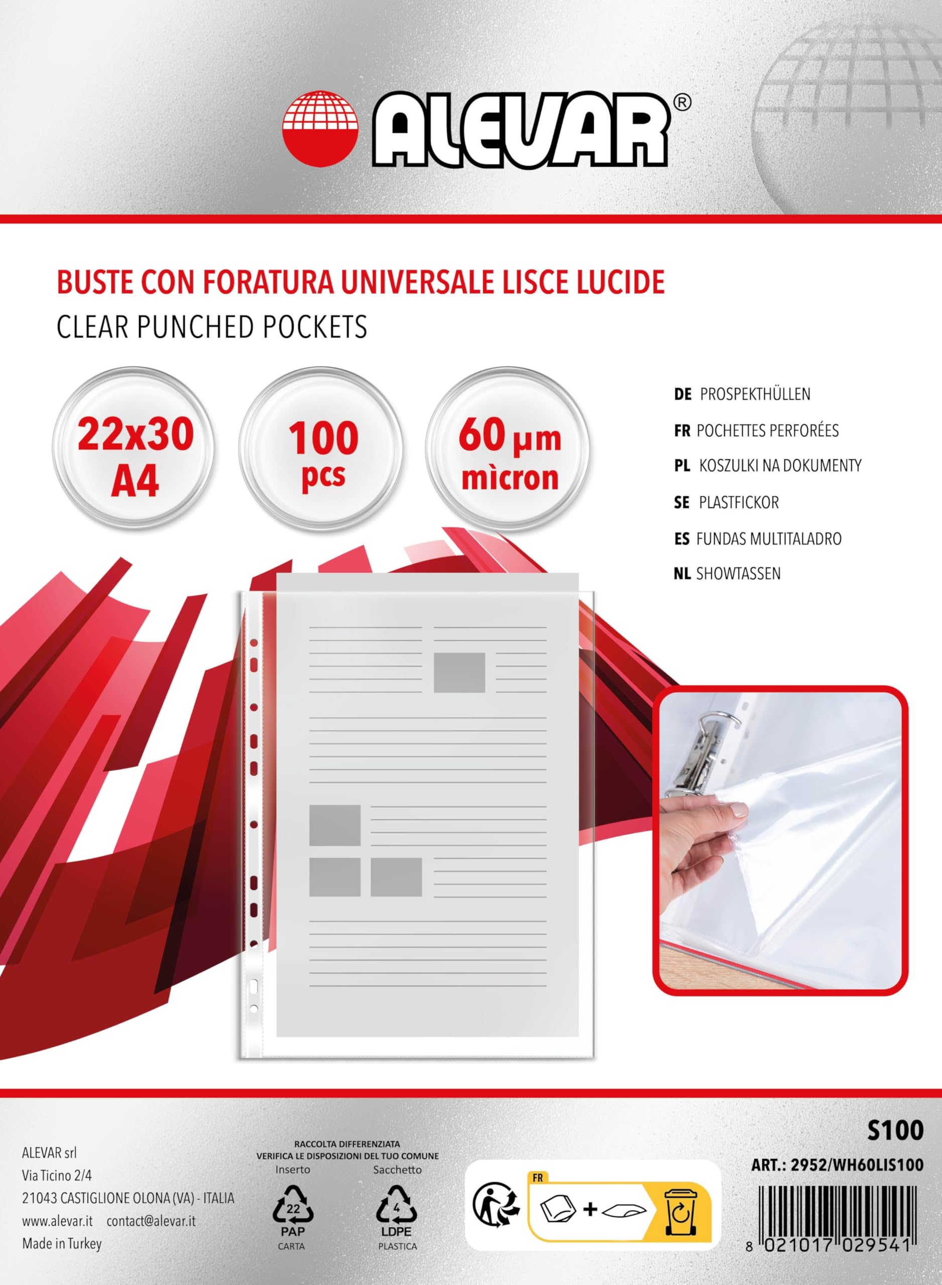Alevar 2952/WH60LIS100 Transparent Punched Pockets