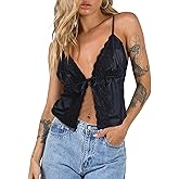 AGECODE Women's Sexy Tie Front Lace Trim Silk Satin Camisole Crop Tops Spaghetti Strap Cami Tank Top Shirt