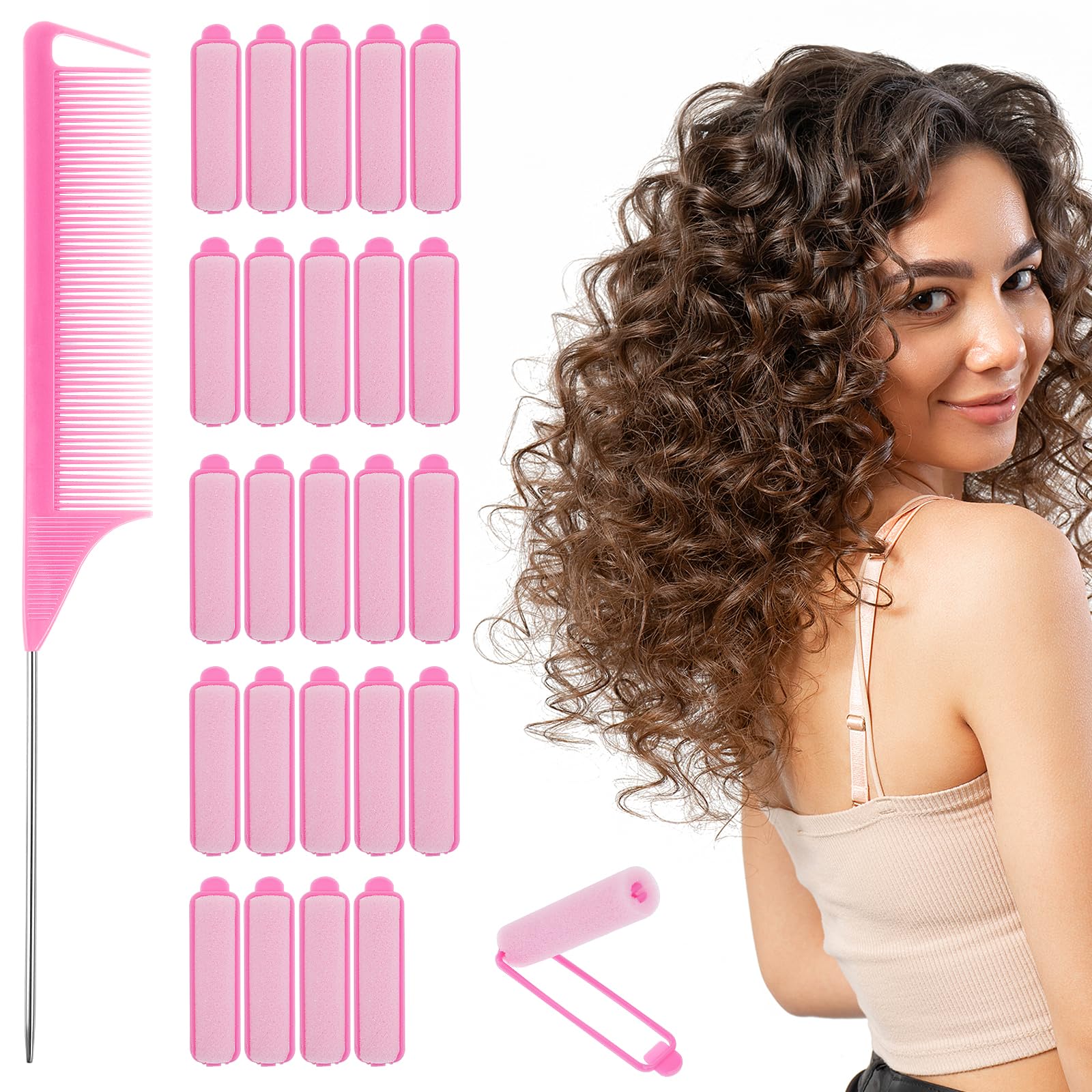 24Pcs Pink Sponge Hair Rollers Set, Self Grip, Heatless Foam Curlers for Long to Short Hair, Deadly Curl Volume with Pintail Comb