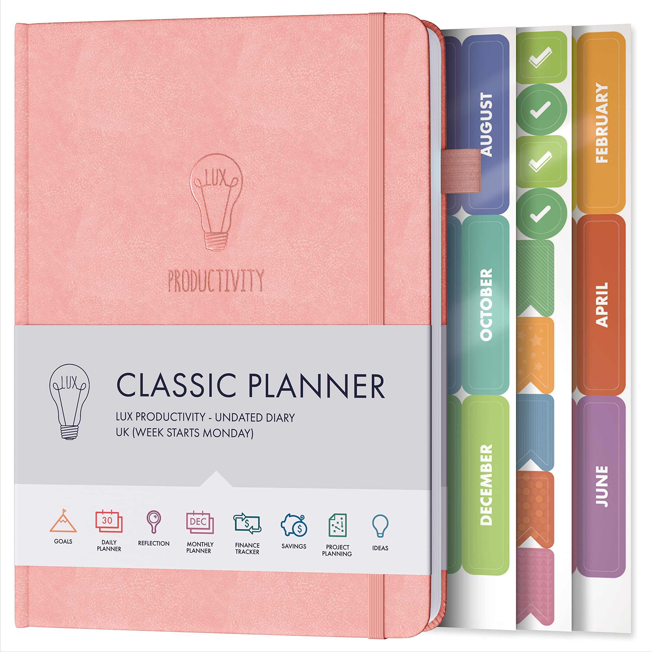 Daily Planner & appointment diary - Gratitude journal, wellness journal & Undated weekly planners and organisers - Desk journals for women & men - LUX Productivity Classic (SALMON PINK) โ image 1