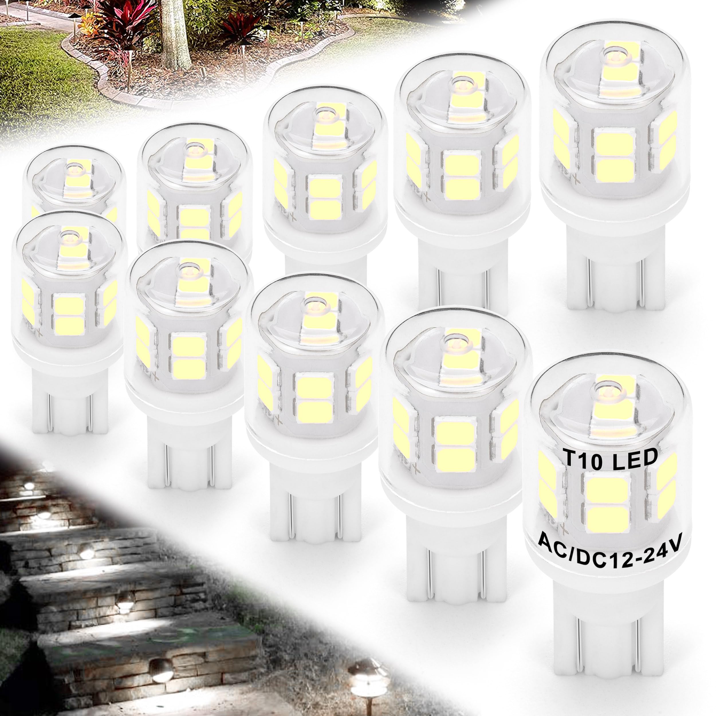 Photo 1 of 12V T5 T10 Wedge Base LED Bulbs 2 Watt Replace 11W 18W Incandecent Bulbs 300lm 6000K Daylight White 194 921 LED Bulb for RV Camper Marine Boat Ceiling Dome Landscape Stair Step Path Lights, 10 Pack