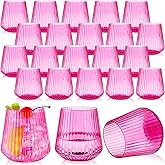 Suclain 50 Pcs Plastic Wine Glasses Ribbed Stemless Wine Glasses 14oz Vertical Design Unbreakable Cups for Outdoor Indoor Vintage Elegant Champagne Whiskey Cups for Party Wedding (Hot Pink)