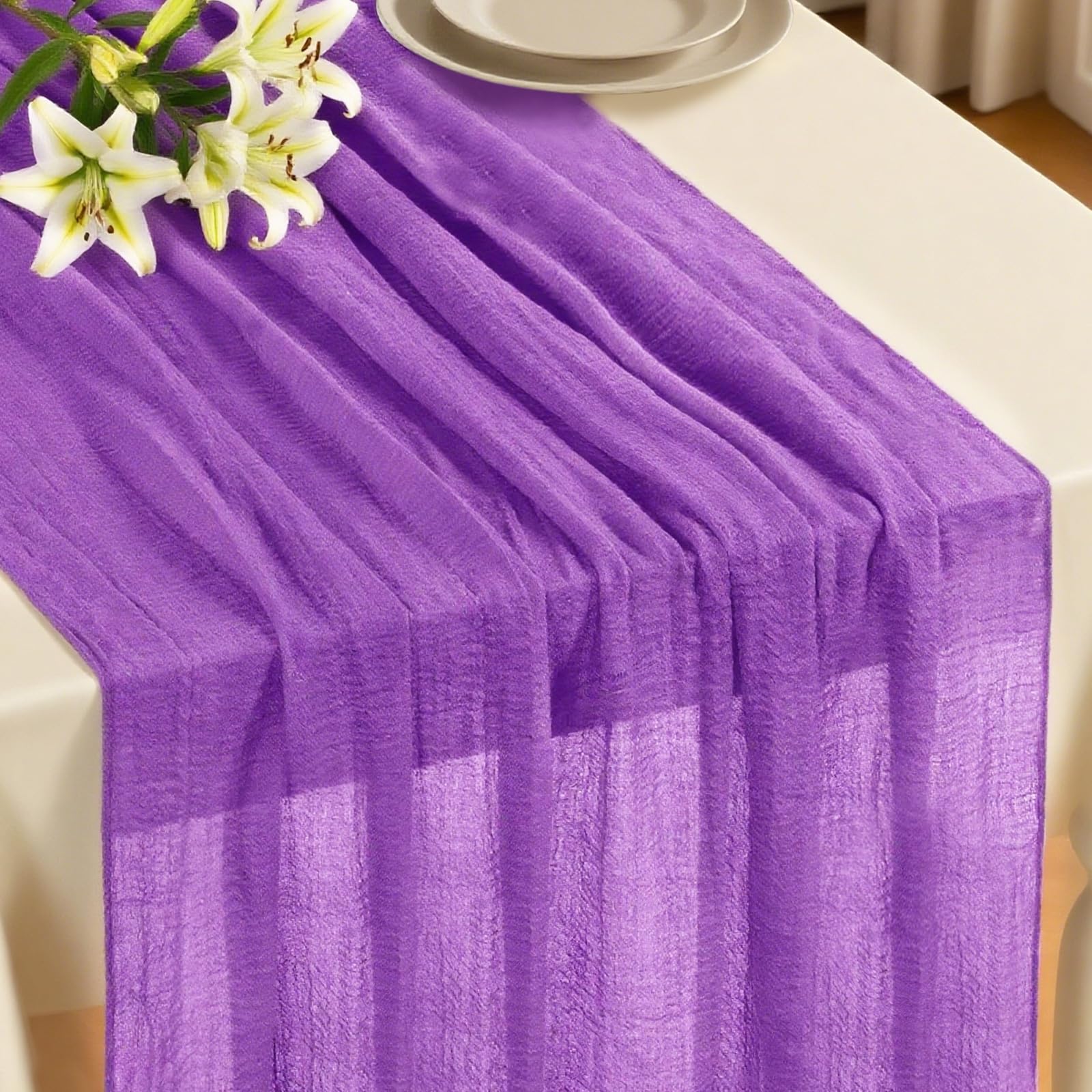 Photo 1 of 1 Pack Purple Table Runner 120 Inch Rustic Cheesecloth Table Runner 10Ft Sheer Gauze Tablecloth for Wedding Cheese Cloth Table Runners Bridal Baby Shower Home Decoration