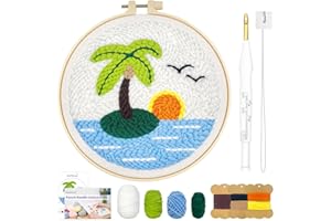 GENERIC Hand U Journey Coconut Beach Punch Needle Starter Kit Rug Hooking Beginner Kit, with an Adjustable Embroidery Pen and 7.8'' Hoop for Kids Adults Craft Gift
