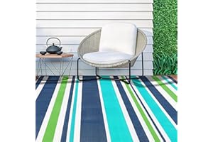 KALAFUN Outdoor Plastic Straw Patio Rug - Camping Waterproof, Durable Outdoor Area Rug for Patios Decor, RVs, Porch, Balcony, Deck, Camper - Blue and Green, 5x8 ft