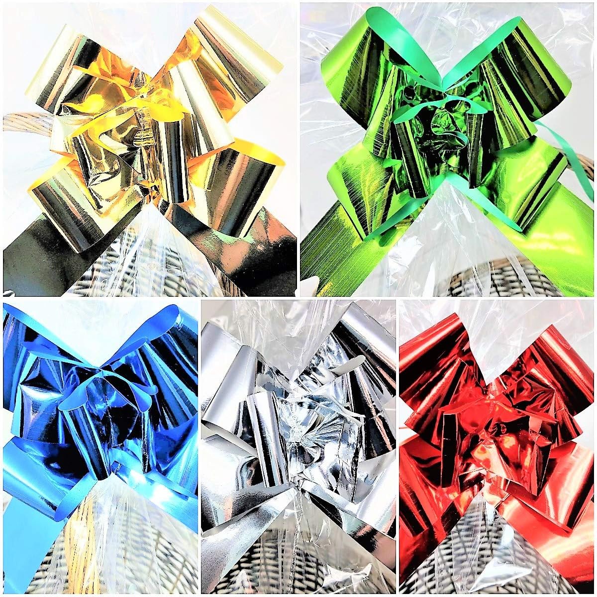 5 Extra Large Cellophane Hamper Bags with 5 Pull Bows, Gift Wrapping Set for Easter Christmas