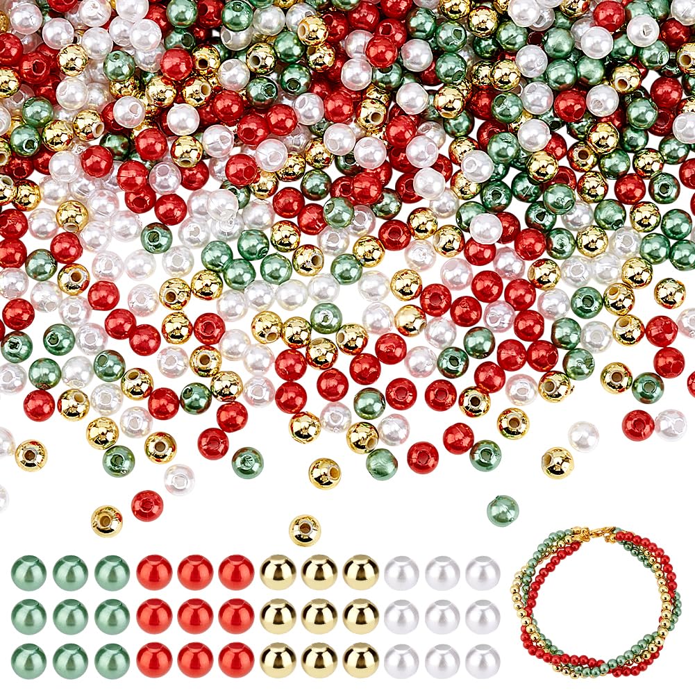 arricraft 2000 Pcs Christmas Pearl Beads, 4mm Acrylic Round Imitation Pearl Beads Red Green Gold White Loose Spacer Beads Small Beads for DIY Bracelet Necklace Jewelry Making Craft