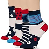 7BIGSTARS KINGDOM Women's Cotton Diabetic Quarter Loose Fit Socks - 4 Pack Large - Stripe - Polka Dot - Sock Size 10-12 Shoe Size 8-12 L Dark Navy, Blue, Red, White