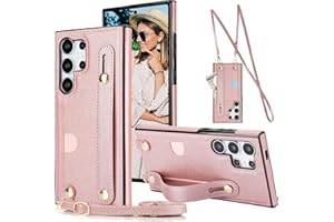 Ephoou Crossbody Wrist Strap Wallet Case for Samsung Galaxy S24 Ultra (Not S24) with Cash Change Slot for Women Girl, Removable Adjustable Shoulder Lanyard Cover for Galaxy S24 Ultra XK-Rose Gold