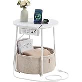 VASAGLE Side Table with Charging Station,Fabric Basket, Round End Table | Modern Small Nightstand with USB Ports for Living Room, Bedroom, Matte White and Camel Brown, LILEA Collection ULET228W01