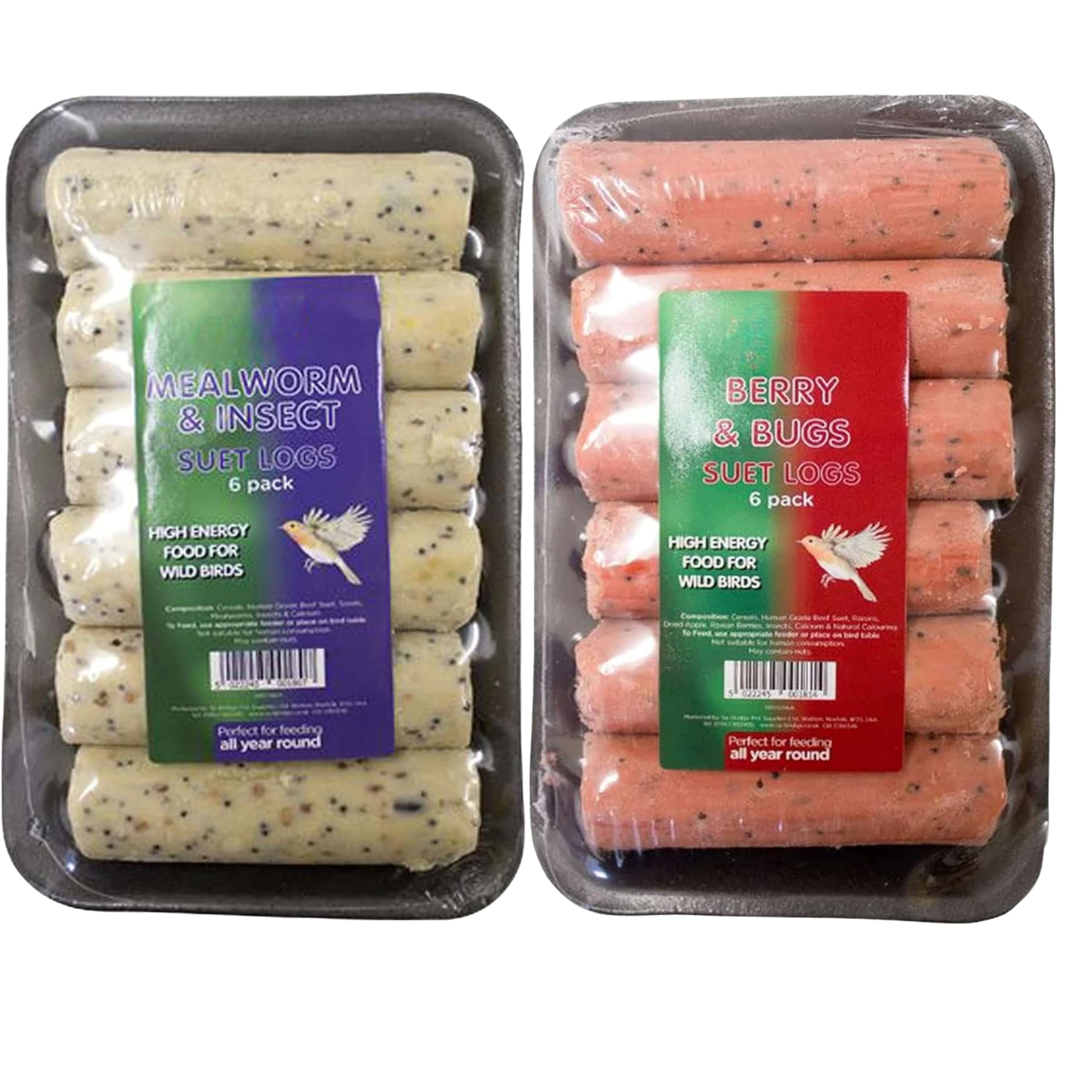 Suet Logs for Wild Birds Bundle Contains Insect & Mealworm , Berry & Bugs Garden Nuggets Total 12 Logs