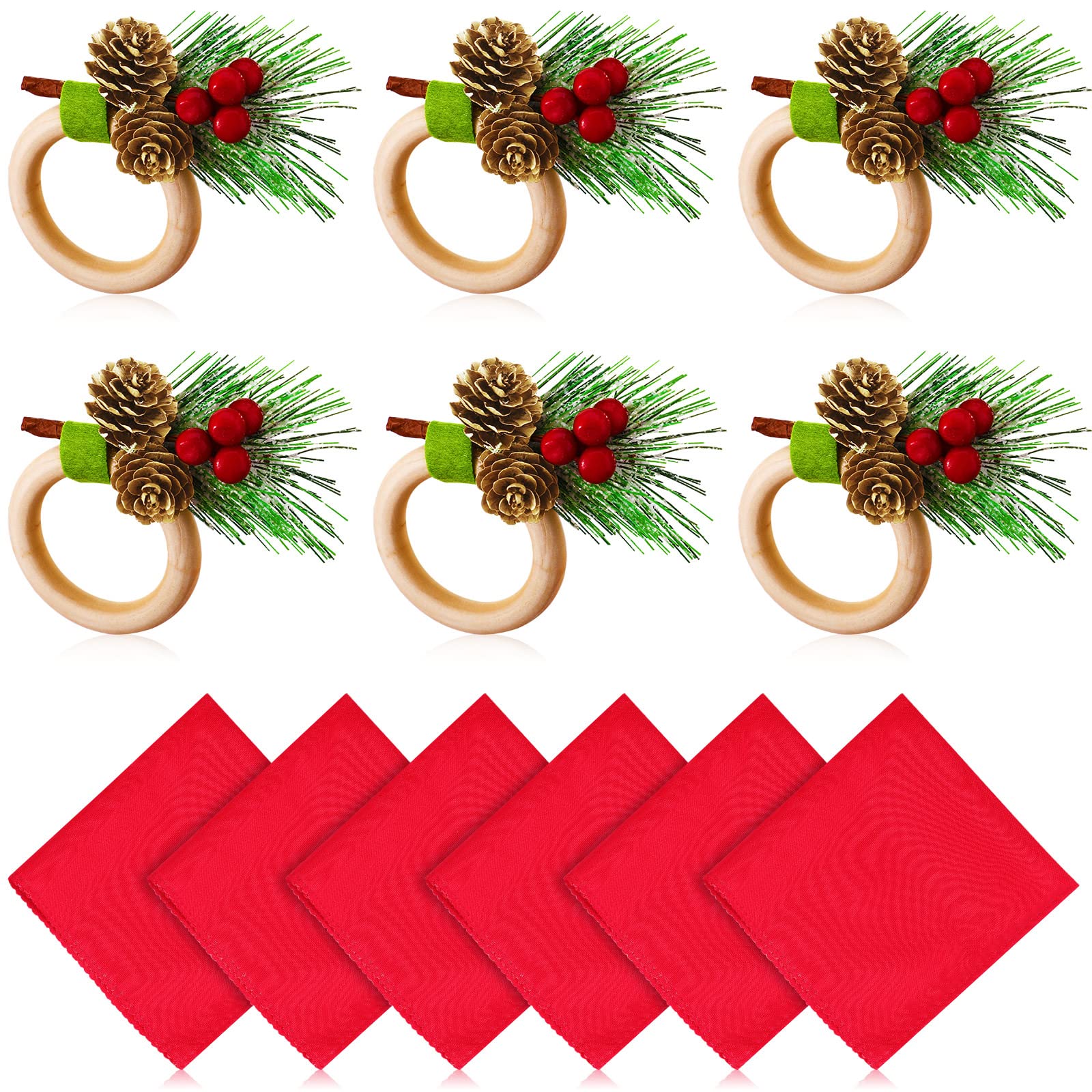 Photo 1 of 12 Pieces Christmas Napkin Rings Set, Include 6 Piece Napkin Rings Dinning Table Setting Decorations with 6 Piece Solid Color Dinner Napkins for Casual or Formal Occasions (Berry Style)