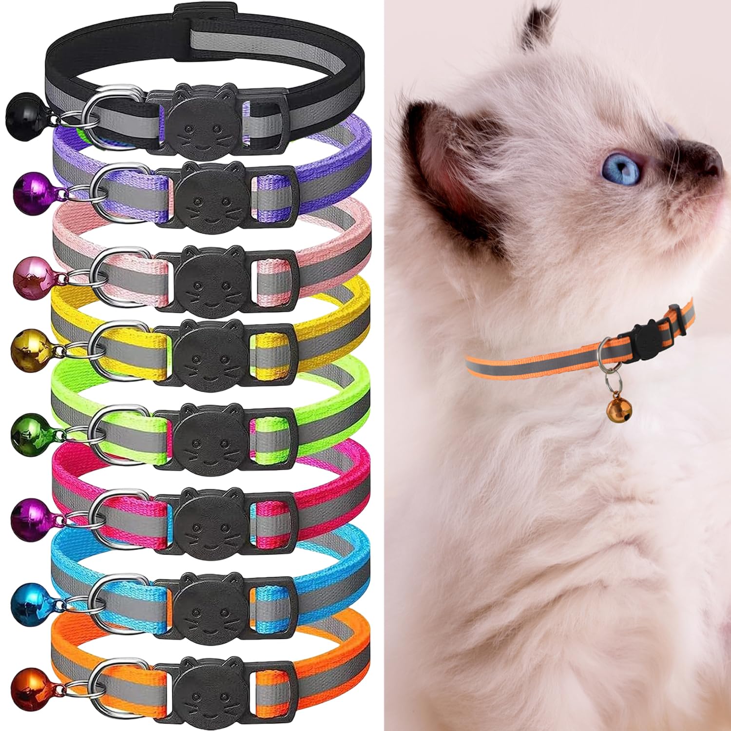 8 Piece Reflective Cat Collar Pack with Bell,kitten collar Safety Quick Release Buckle,with Name Tag,Adjustable for Girl Male Cats,Pet Supplies,Stuff,Accessories(8 Colors)