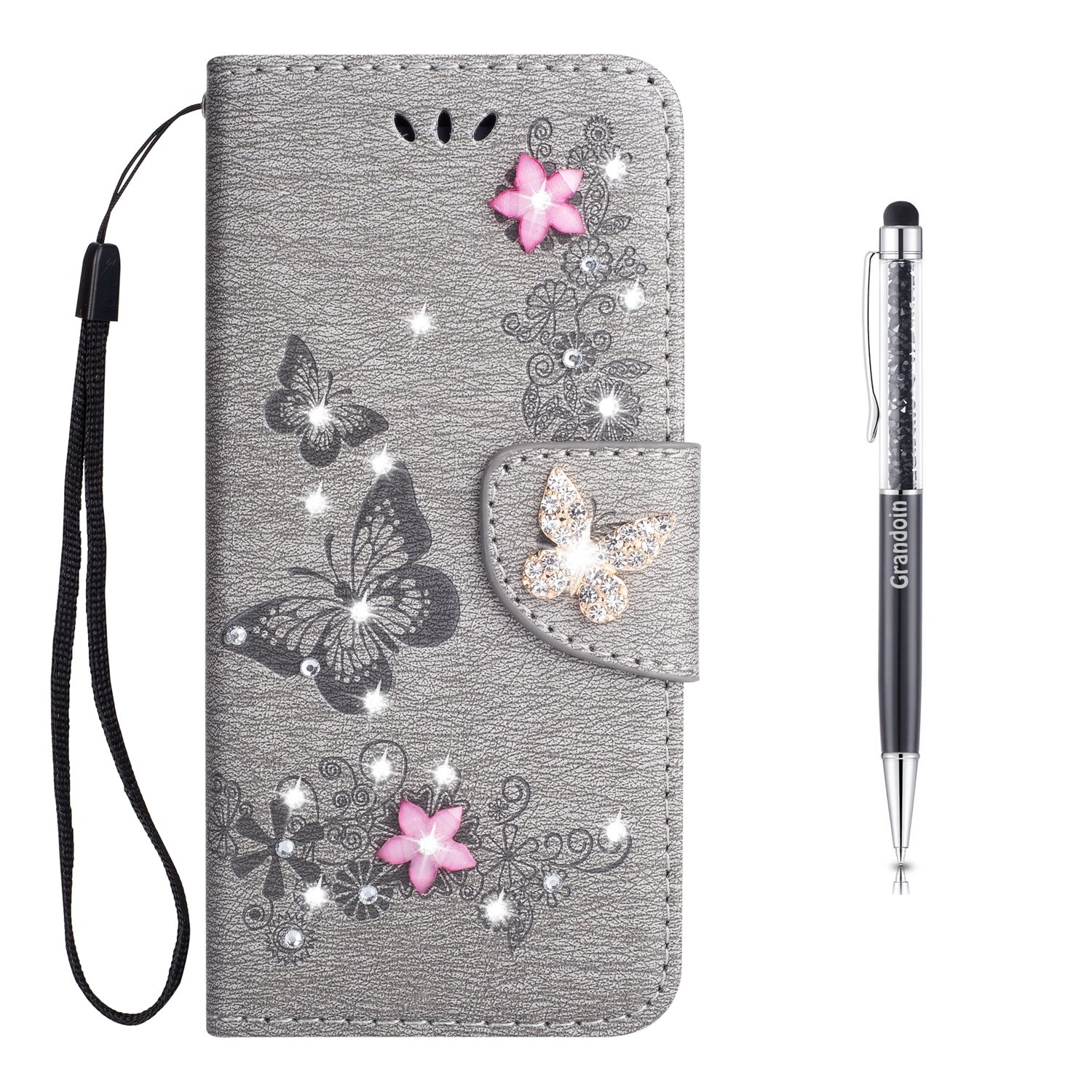 Grandoin Galaxy S9 Plus Case, Floral Bling Sparkly Diamonds Gems Butterfly Pattern Design Premium PU Leather Magnetic Flip Cover with Card Slots Holders Case For Samsung Galaxy S9 Plus (Gray)