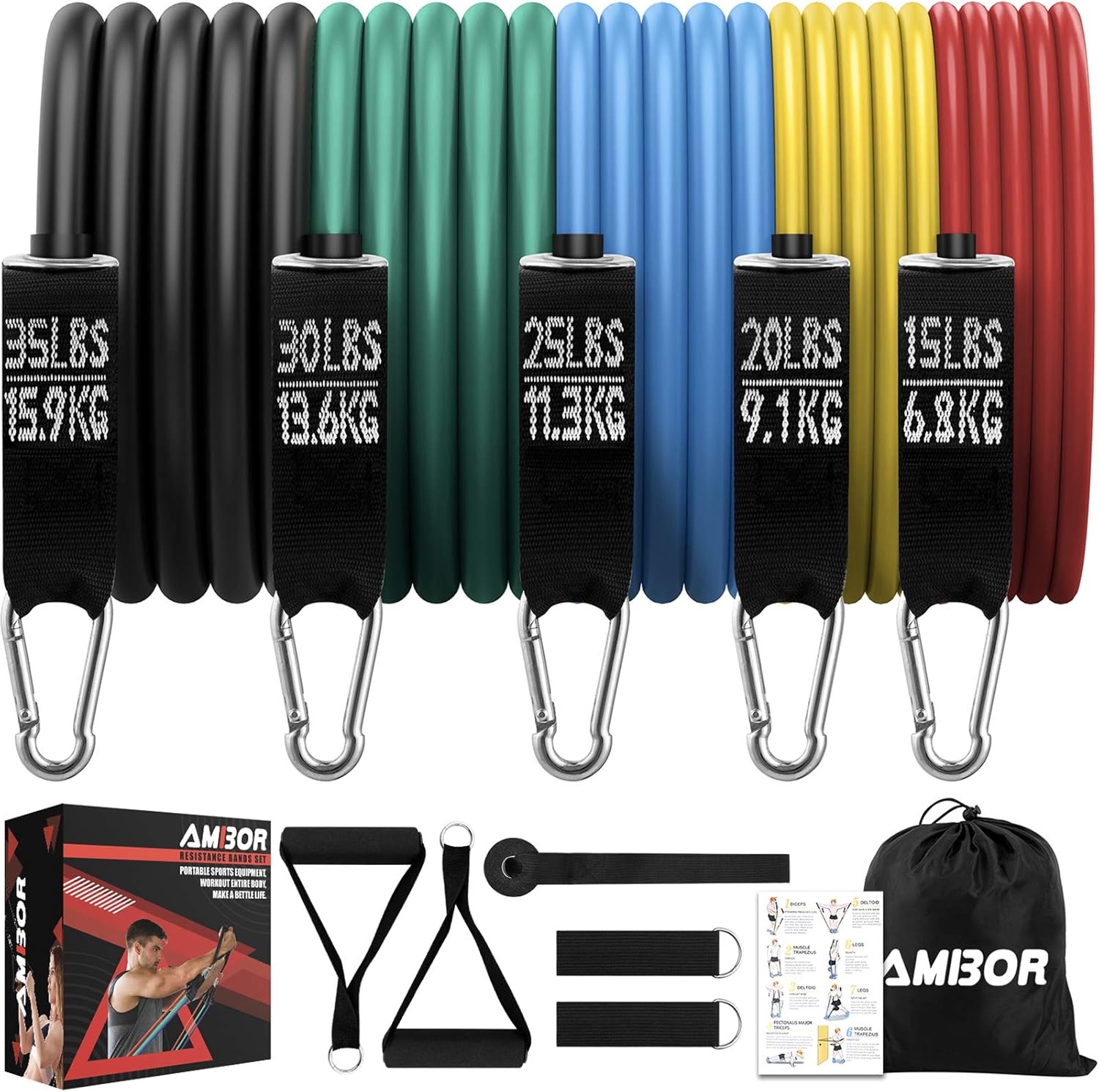 Resistance Bands Set 11pcs, Exercise Workout Bands for Men & Women, 5 Stackable Resistance Bands with Handles, Door Anchor, Ankle Straps, Carrying Bag for Working Out, Fitness Training, Yoga : Sports & Outdoors