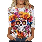Día De Los Muertos Shirts for Women 2025 Mexican Day of Dead T-Shirts Skull Skeleton Print 3/4 Sleeve Tops Sweatshirt