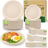 FEHHTO Compostable Paper Plates Set, 250PCS Disposable Heavy-Duty Sugarcane Plate and Eco-Friendly Utensil Biodegradable Dinnerware Plates, Extra Long Forks & Knives & Spoons for Party