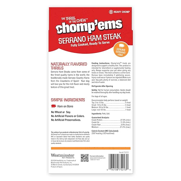 RUFFIN’ IT CHOMP’EMS SERRANO HAM STEAK, 1 PACK – HEALTHY, PROTEIN RICH TREATS FOR DOGS – LONG LASTING DOG CHEWS