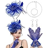 Bniksok 1920s Vintage Fascinators Hat Set for Women Tea Party Hats Veil Mesh Feather Headband Lace Gloves Set