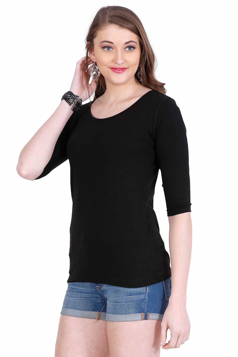 adalicia women's 3/4th sleeve black cotton casual wear top