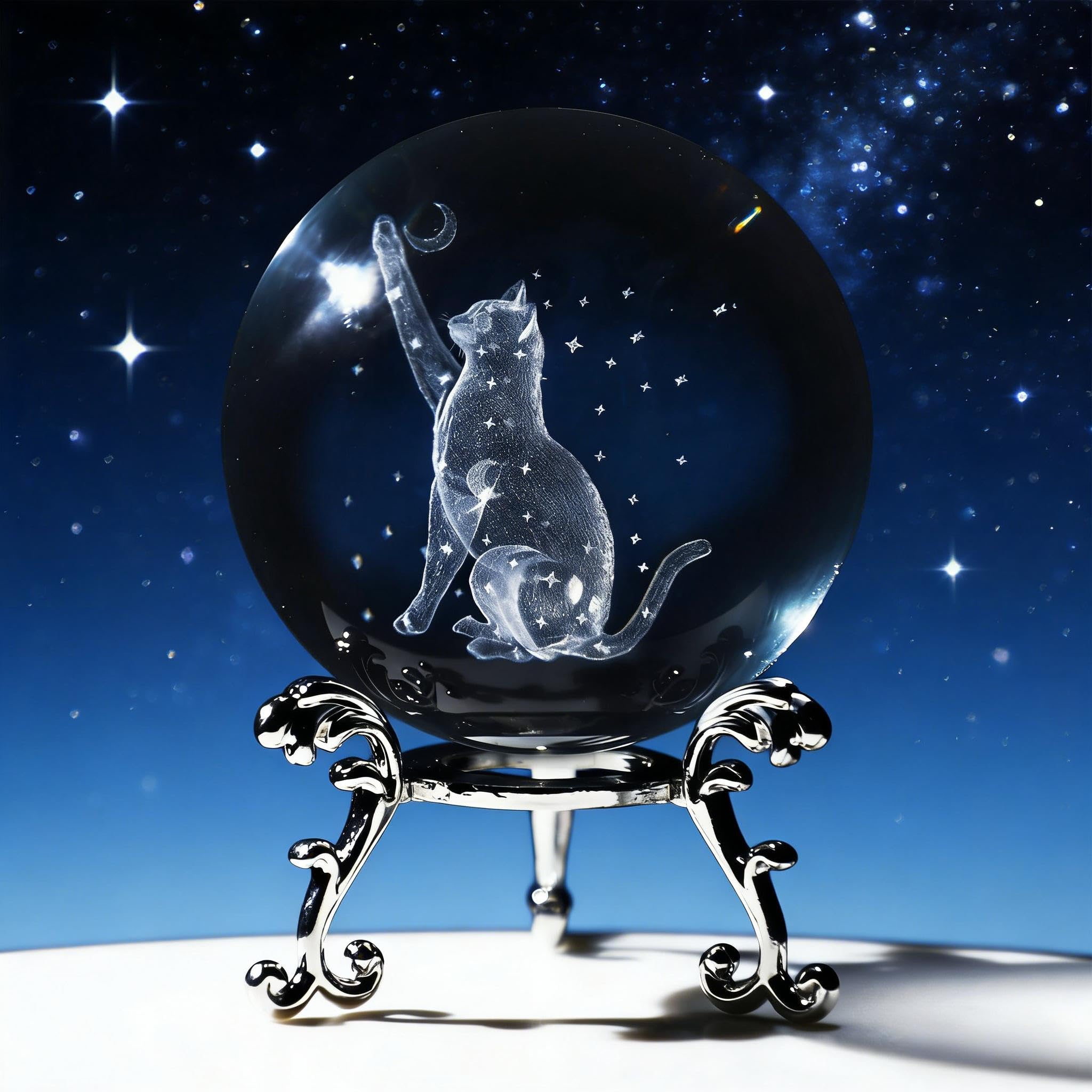 vskikris 60mm 3D Crystal Ball Paper Weight Figurine - Laser Engraved Cat, Moon & Star Design with Stand – Glass Sphere Paperweight & Gift for Cat Lovers, Women, Girls