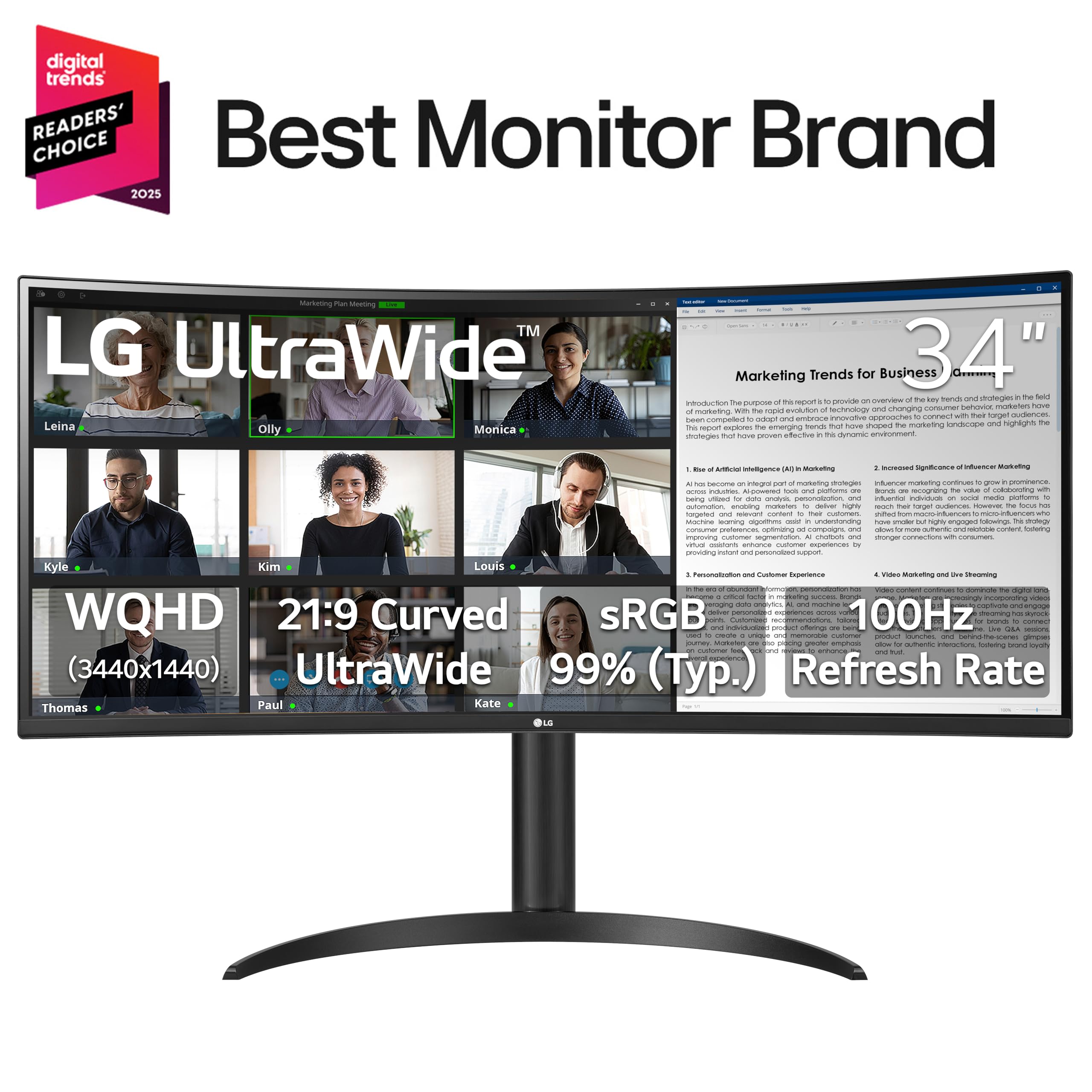 LG 34WR55QK-B 34-inch UltraWide WQHD (3440 x 1440) Curved Computer Monitor, 100Hz, 5ms, HDR10, Reader Mode, HDMI, DisplayPort, USB Type-C, Tilt/Height Adjustable Stand, Black