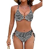 Blooming Jelly Womens Sexy Bikini Set Mid Rise Striped Crinkle Side Tie Two Piece Swimsuit High Cut Cheeky Bathing Suit
