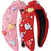 winthrop 2 Pack Valentine's Day Headband for Women Rhinestone Crystal Jeweled Love Heart Embellished Ladies Wide Top Knot Pink Red Makeup Hair Hoop Accessory Holiday Party Costume Decor Prezzie