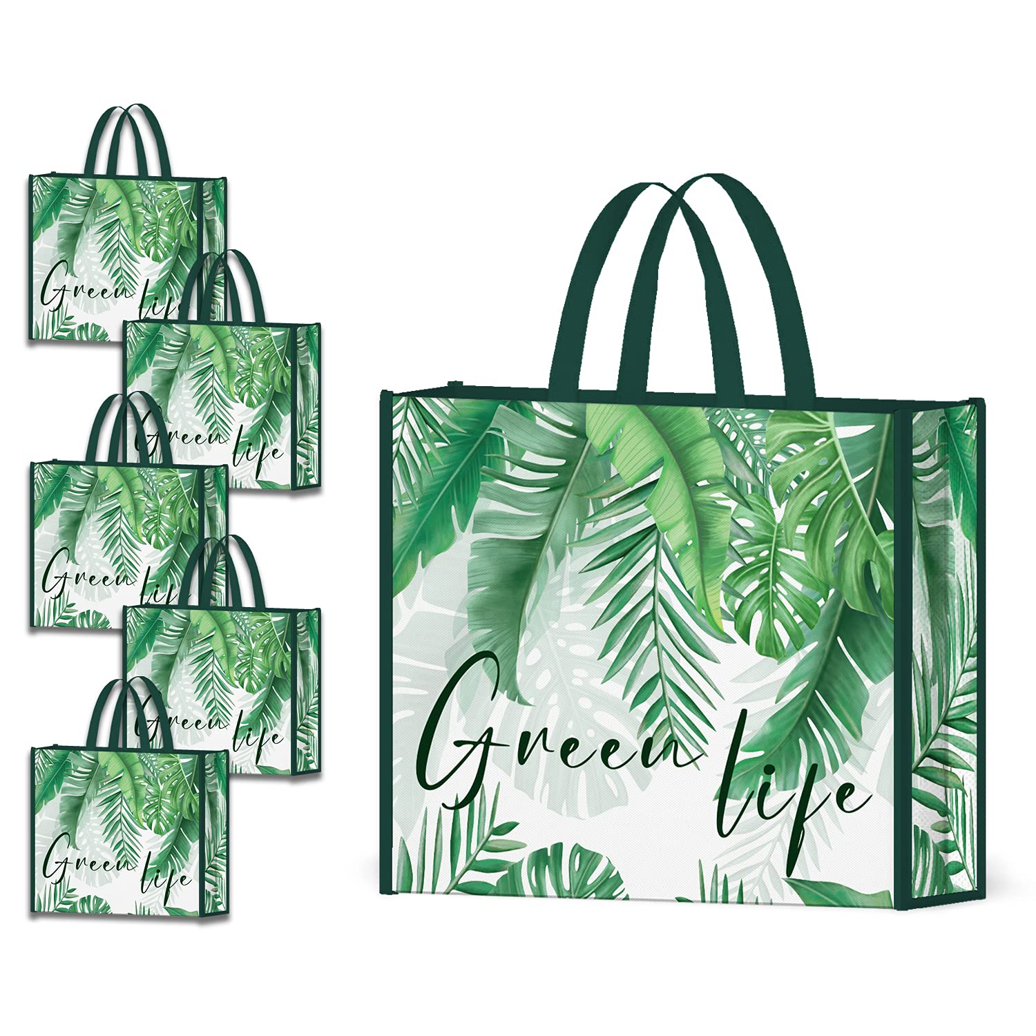 NymphFable 5 Pack Reusable Shopping Bags Palm Tree Leaves Green Washable Grocery Bags Fabric Tote Bag