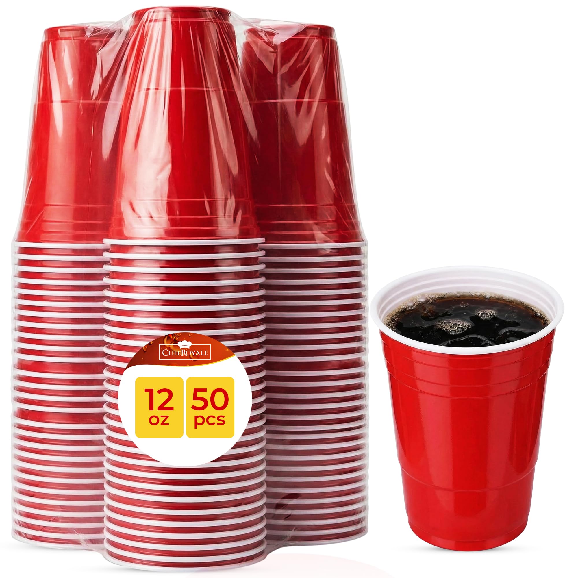 CHEF ROYALE 12oz (50 pcs) Red Plastic Cups - Disposable Drinking Cups - Recyclable BPA Free - Eco-Friendly Red Cups for Halloween, Christmas, Birthdays, Weddings (50, 12oz)