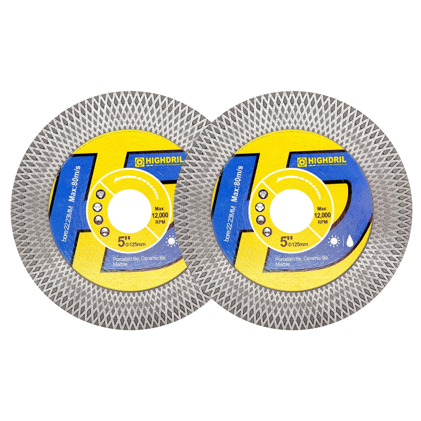 HIGHDRIL Tile Diamond Saw Blade,2pcs Cutting Disc Wheel 5"/125mm for Dry/Wet Cutting & Grinding Porcelain Granite Marble Ceramic Artificial Stone