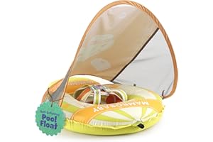 MAMBOBABYFLOAT Light Traveler 2025 — Safe, Comfortable, Adjustable Baby Pool Float with Canopy — Sun Protection, Self-Inflating, 5-Way Buckle System (Hot Air Balloon, Green)