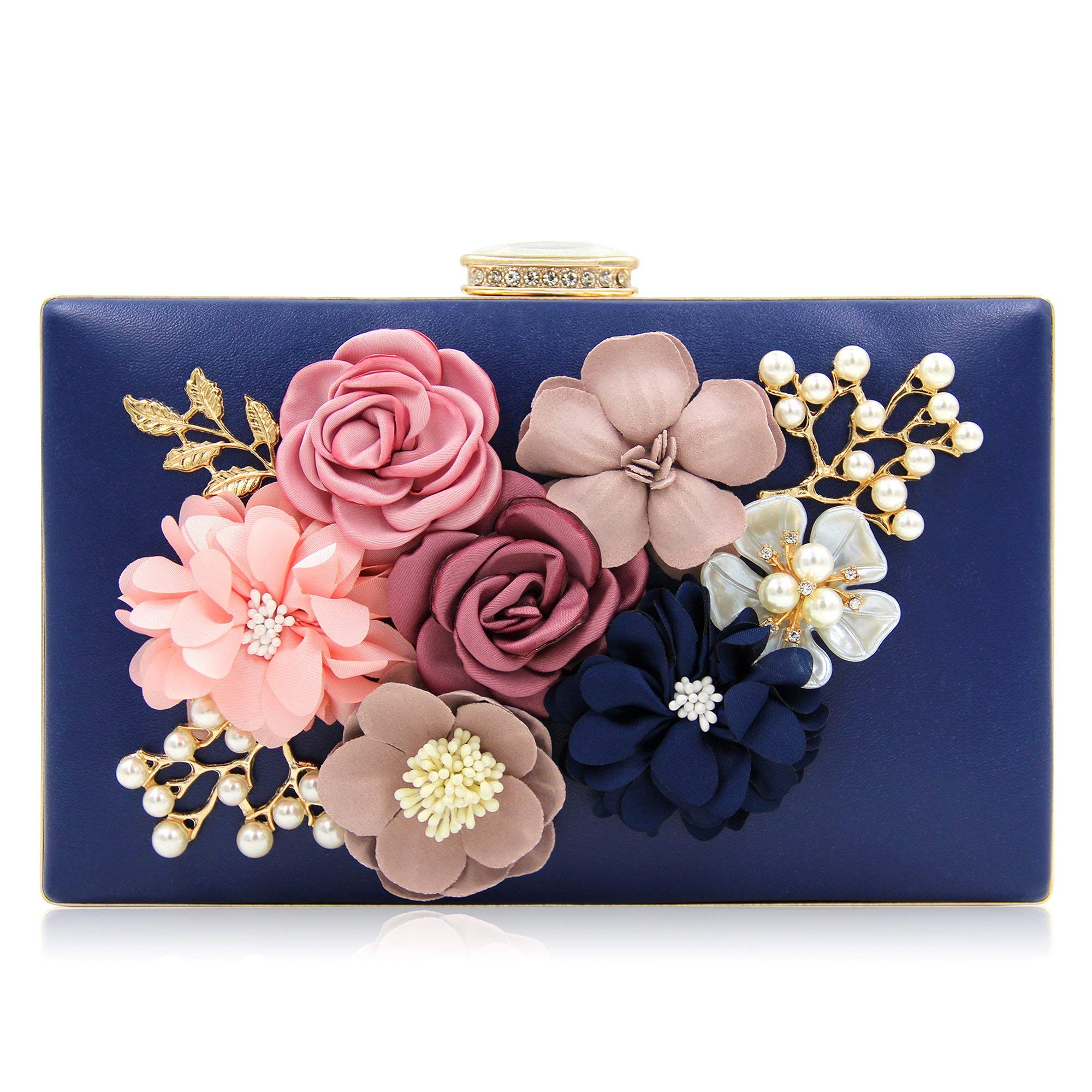 Milisente Women Clutches Bag Flower Satin Evening Bags Wedding Handbag (Blue)