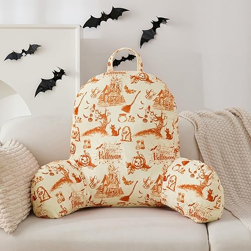 Guchuang Halloween Reading Pillow with Arms - Black Cat Pattern Back Rest Cushion for Adults and Kids, Velveteen Support for Sitting in Bed, Couch, Floor, Watching TV, Gaming (Orange, 64x46x25cm)