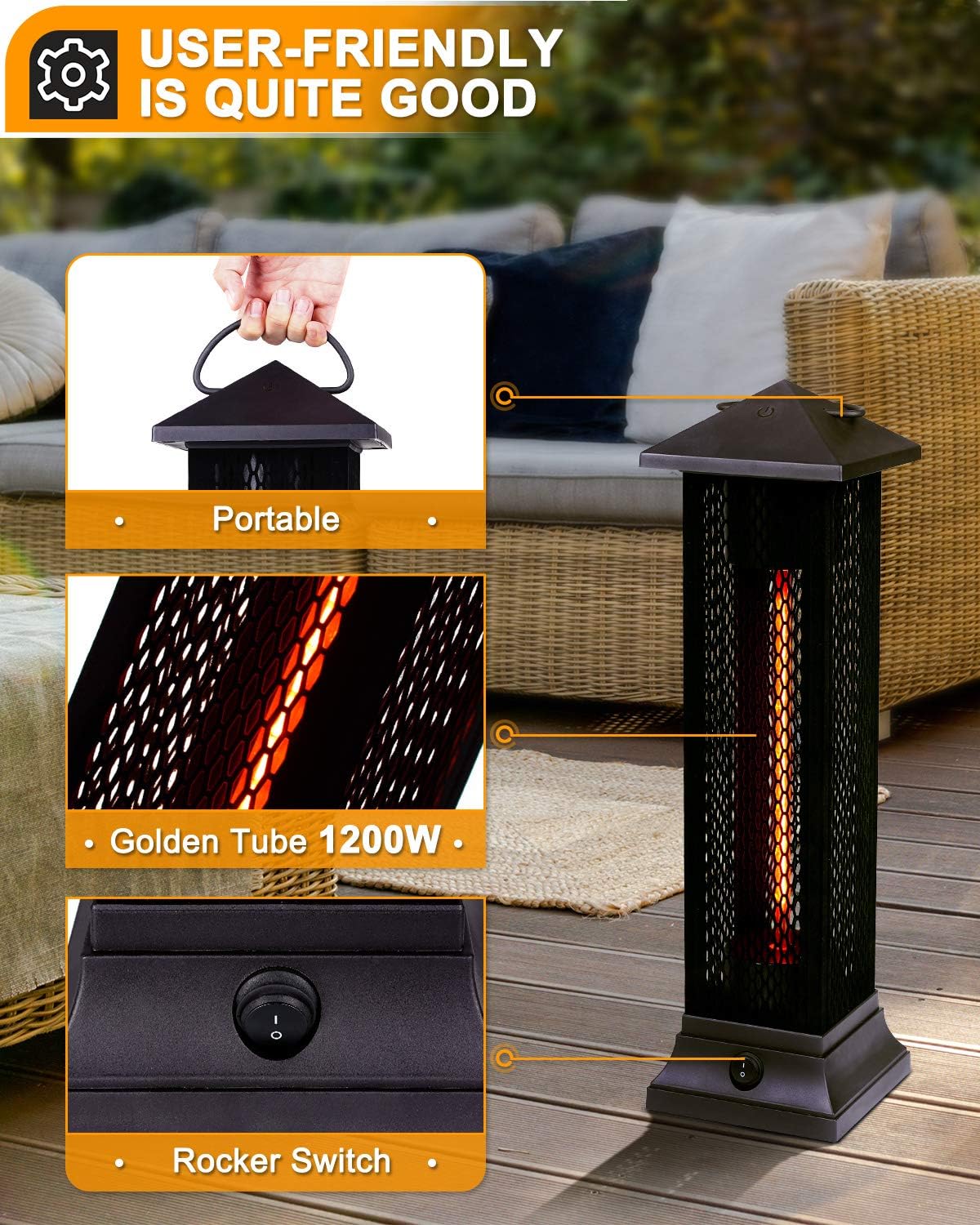 Star Patio Electric Patio Heater, Outdoor Heater, 1200W Freestanding Infrared Heater with Matte Black Finished, Tip-Over Protection, IP55 Outdoor Patio Heaters, STP1299-RMHD-S New: Kitchen & Dining