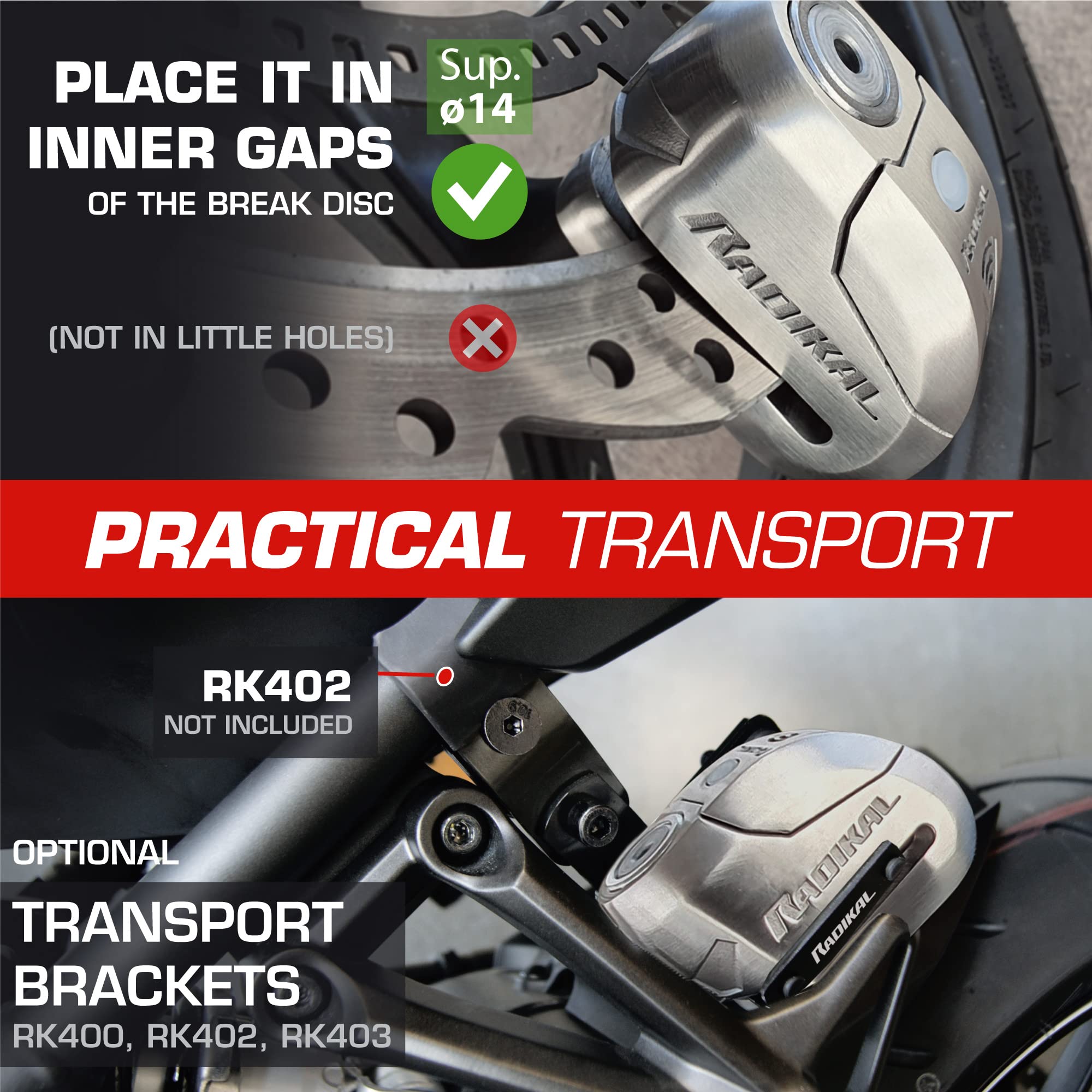 RADIKAL RK14S+RK402 Approved Alarm Disc Lock Motorcycle with Transport Bracket, Hardened Stainless Steel Double Locking, High-End Alarm System with Warning Optional Activation, LED Alert 14mm/0.55in