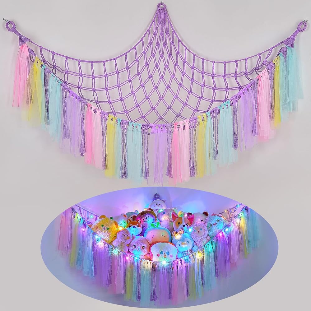 MHJY Toy Hammock Storage Net with LED Light Large Wall Hanging Organizer