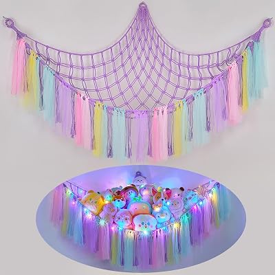 MHJY Toy Hammock Storage Net with LED Light Large Wall Hanging Organizer