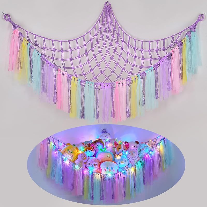 MHJY Toy Hammock Storage Net with LED Light Large Wall Hanging Organizer