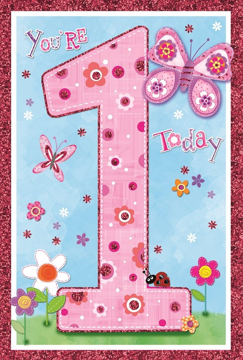 Age 1 Girl Birthday Card - 1st Birthday Elephant with Pink Balloon 7.75x5.25, Multi, 19.5cm x 13.5cm