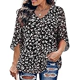 Siddhe Womens Plus Size Tops 3/4 Sleeves Chiffon Blouses Dressy Casual Fall V Neck Loose Fit Double Layers Shirts(XL-5XL)