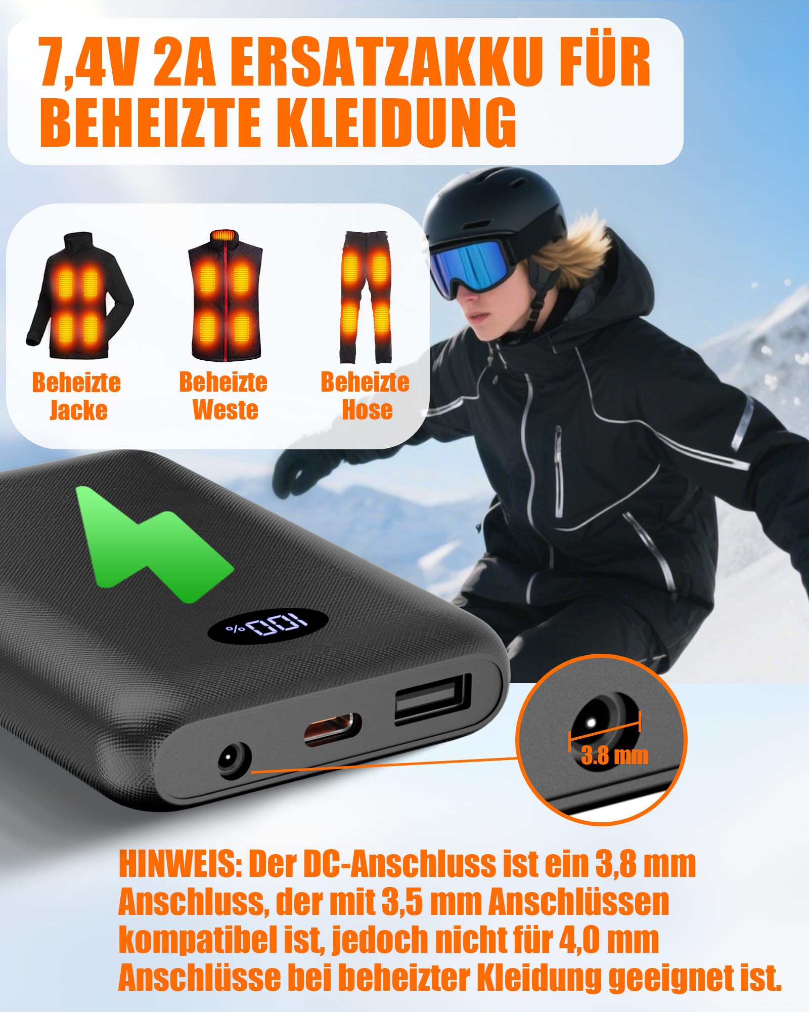 7,4V 2A 10000mAh Powerbank Für Heizweste Jacke Hose Und Beheizbare Unterwäsche – 5V3A Ersatzakku Für Heizkleidung 2