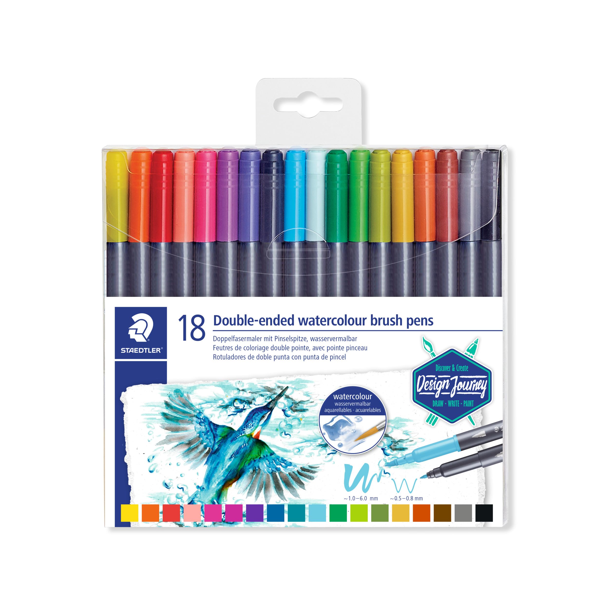 STAEDTLER 3001 TB18 Double Ended Watercolour Brush Pens, Assorted Colour, Pack of 18
