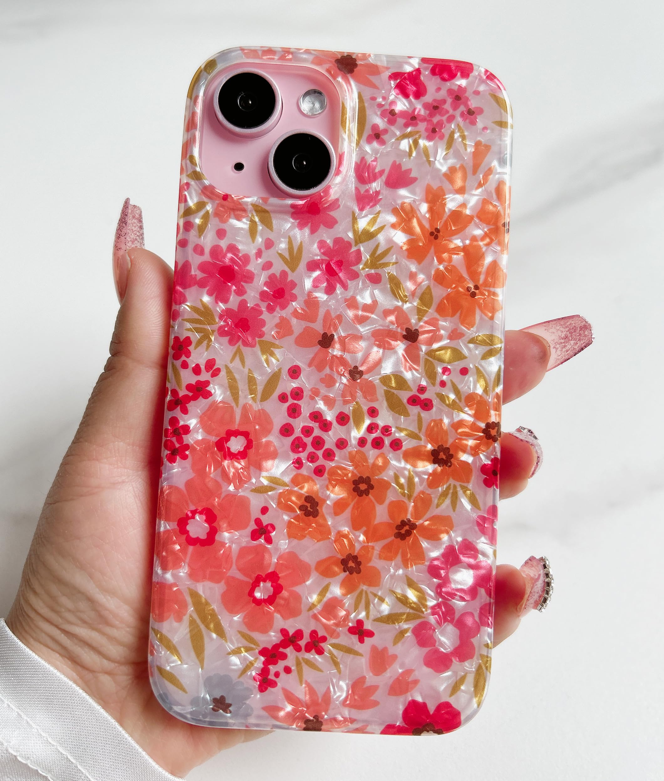 Qokey for iPhone 14 Case,for iPhone 13 Case,Cute Flower Case for Girls Women, Shell Pattern Soft Bumper Lightweight Slim Fit Case TPU Shockproof Phone Cover for iPhone 14/13 6.1", Pink Floral - Image 3