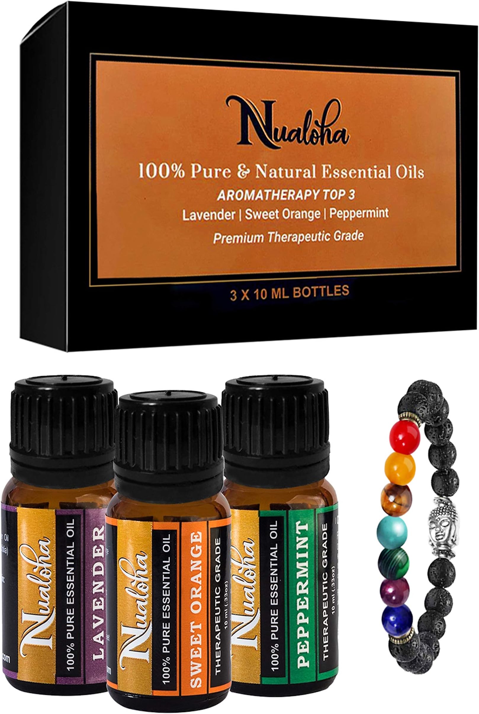 Nualoha Top 3 Essential Oil Gift Set with Bracelet ,Pure Natural Lavender, Peppermint, Sweet Orange Aromatherapy Oils - 3x10 ML