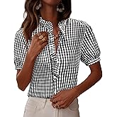 siliteelon Womens Plaid Shirts Gingham Top Short Sleeve Button Down Ruffle V Neck Dress Shirts Cotton Casual Work Blouse