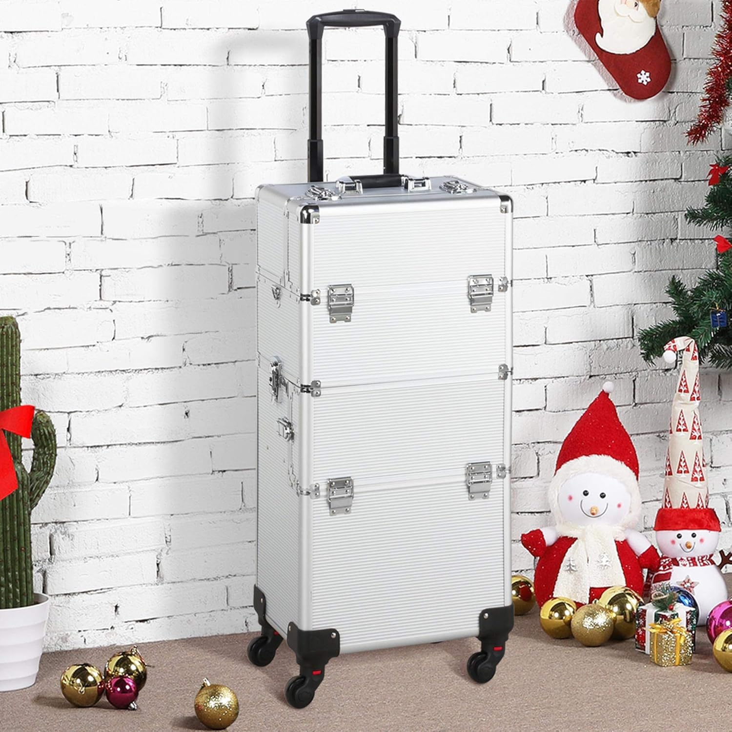 Yaheetech 3 in 1 Professional Aluminum Rolling Makeup Trolley Artist Train Case Cosmetic Organizer Makeup Case 4 Removable Spinner Wheels Silver : Beauty
