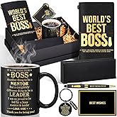 Shellwei 6 Pcs Best Boss Gift for Men Thank You Gifts for Boss Male Appreciation Mentor Mug Leather Notebook Inspirational Keychain Pen Card Box